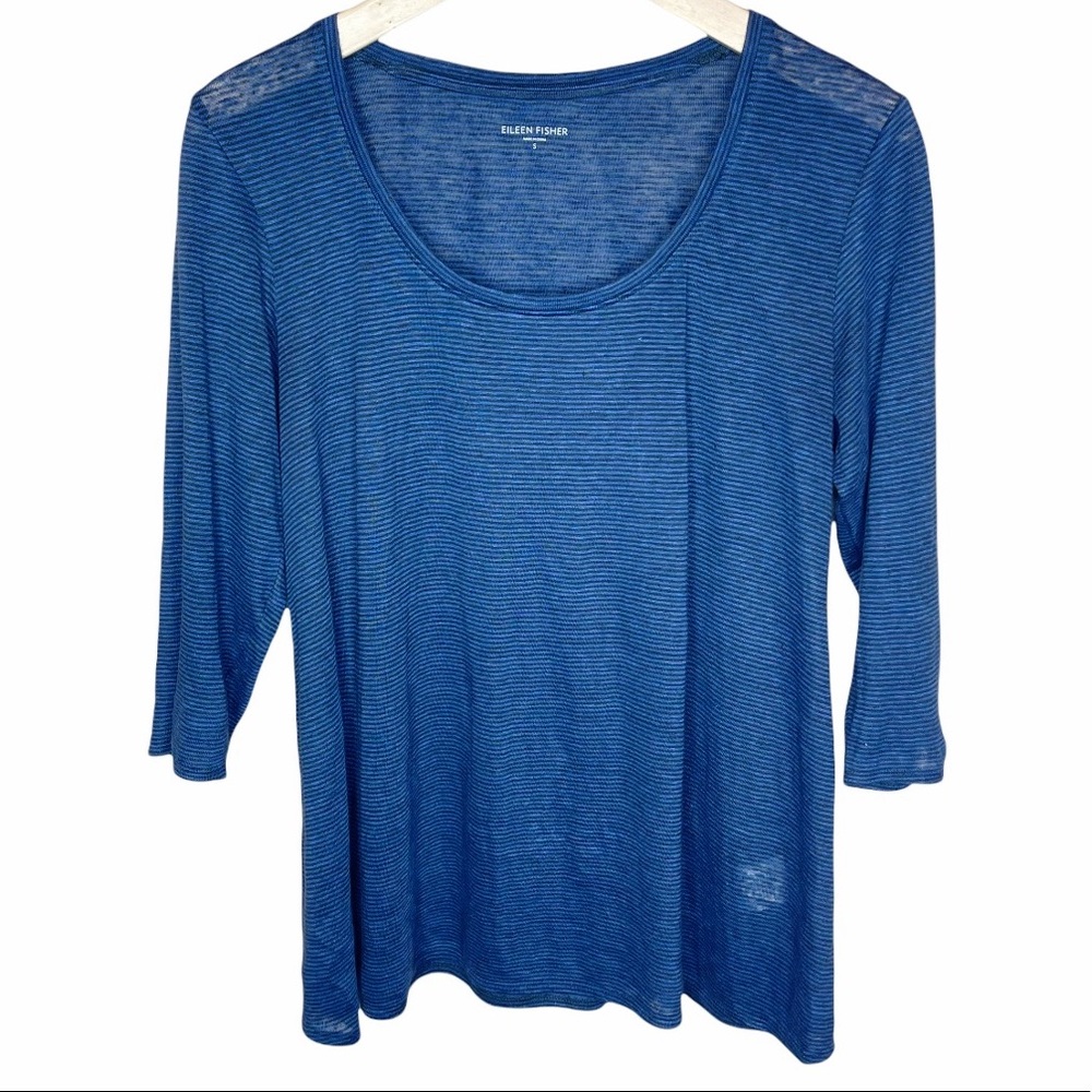 Eileen Fisher Linen Striped Slub Knit 3/4 Sleeve Top Size Small